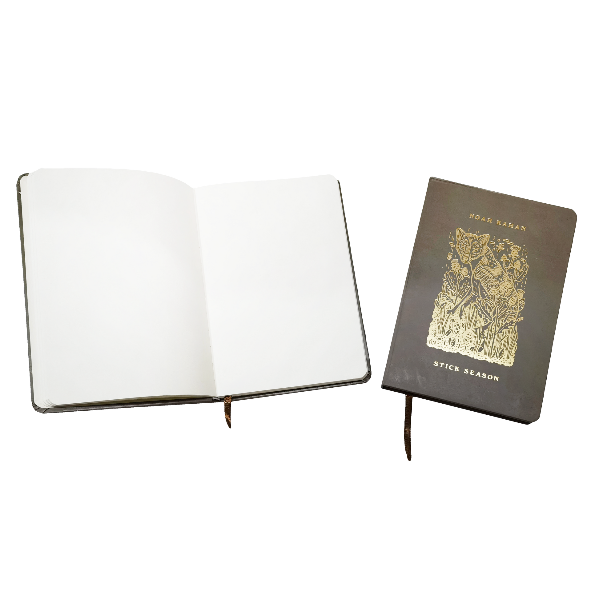 Brown Noah Kahan journal with Stick Season gold foil artwork on front and black white internal pages.