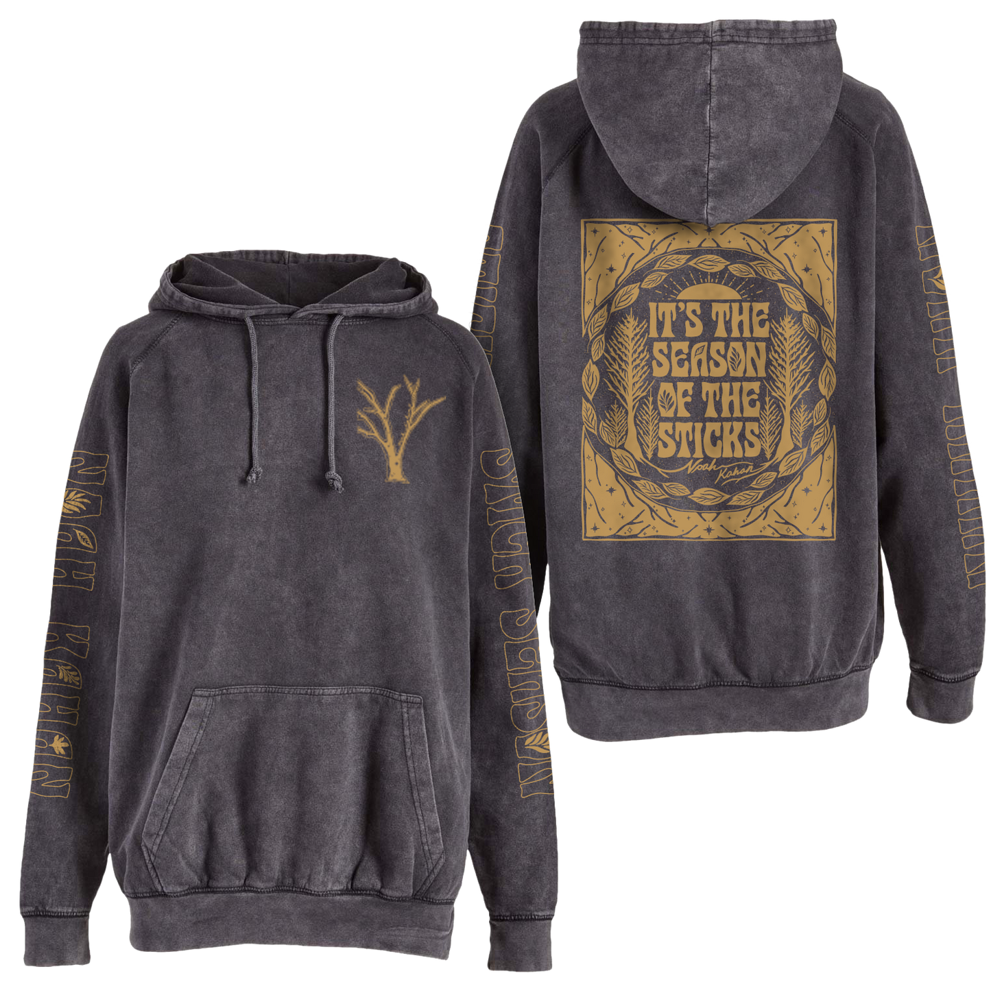 the official Noah Kahan Stick Season Hoodie in vintage black mineral wash. "It's the season of the sticks" on the back, tree branches on front, and full length prints on each sleeve, all in gold metallic ink. 