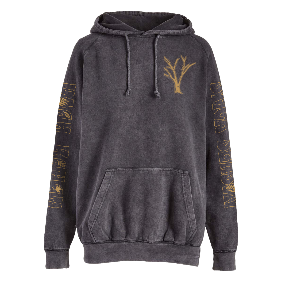 the official Noah Kahan Stick Season Hoodie in vintage black mineral wash. Oversize left chest tree branches on artwork front, and full length prints on each sleeve, all in gold metallic ink.