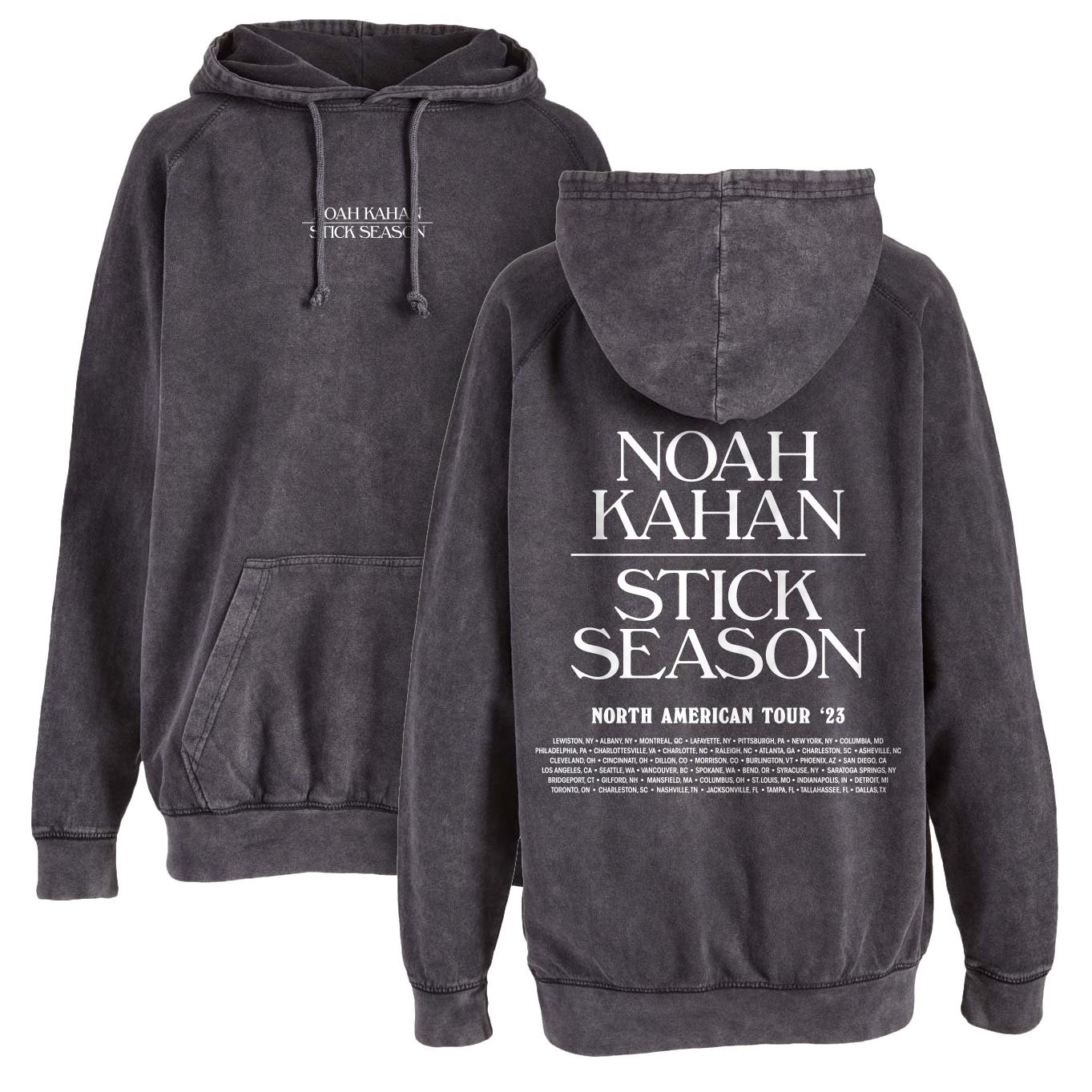 Noah Kahan Minimal hoodie in vintage black mineral wash. North American Tour '23 tour dates on back.