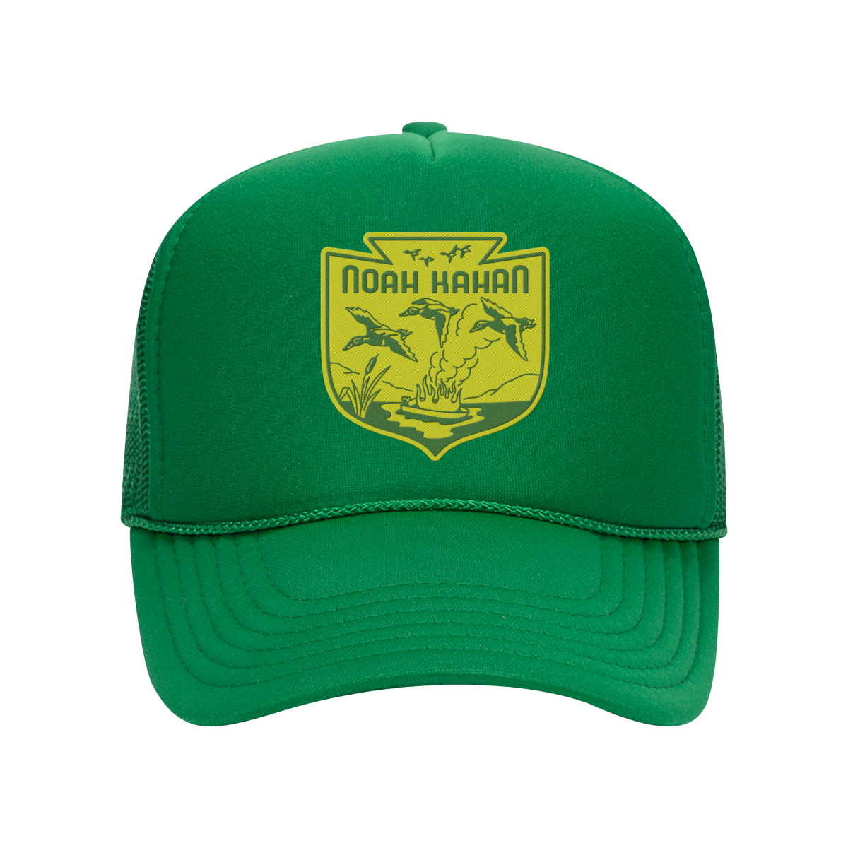 Bright green mesh trucker cap with Noah Kahan mallard duck art emblem on front in bright yellow and rope detail on brim.