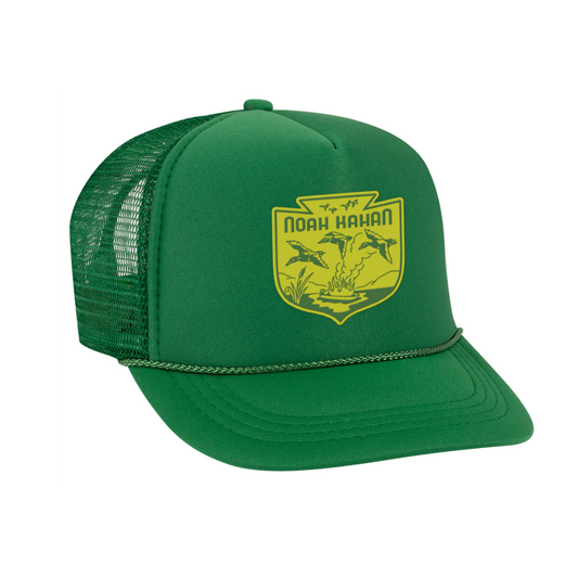 Bright green mesh trucker cap with Noah Kahan mallard duck art emblem on front in bright yellow