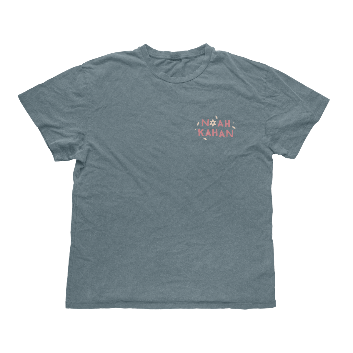 Noah Kahan Ice Blue Comfort Colors Falling to Pieces tee with front left chest artwork in mauve and cream with subtle flower and leave accents. 