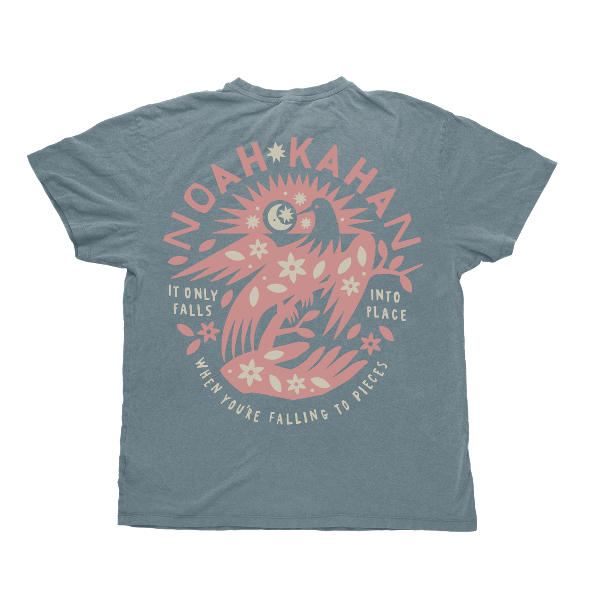 Noah Kahan Ice Blue Comfort Colors Falling to Pieces tee. It only falls into place when you're falling to pieces back art in mauve and cream ink. 