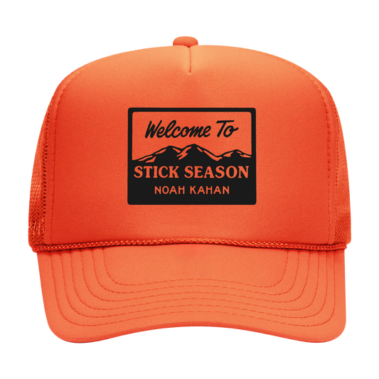 Noah Kahan Welcome to Stick Season mesh trucker cap with rope in bright orange.
