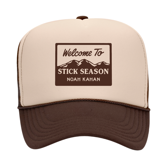 Noah Kahan Welcome to Stick Season mesh trucker cap with rope in brown and tan.