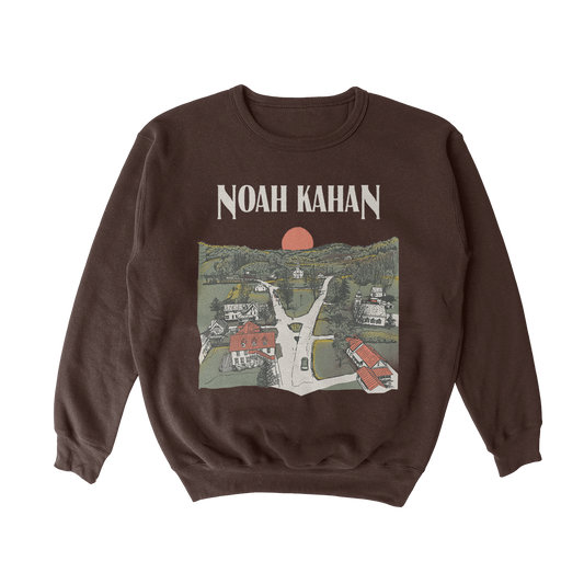 Noah Kahan Greetings from Strafford Crewneck brown sweatshirt with rural Vermont sunset