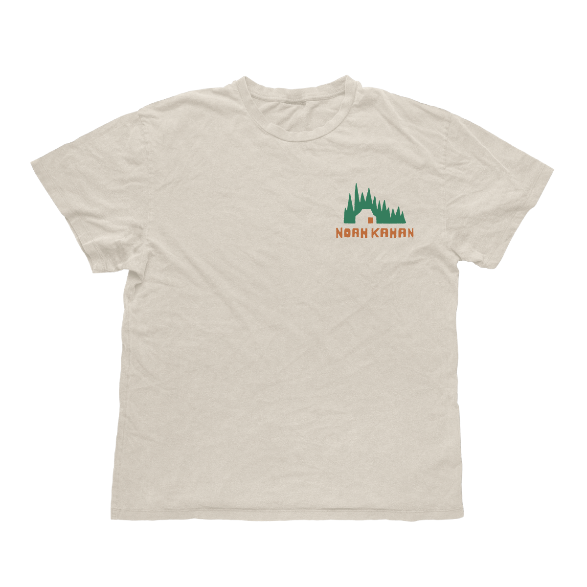 Noah Kahan Homesick natural t-shirt with left chest artwork of trees and cabin in green and burnt orange