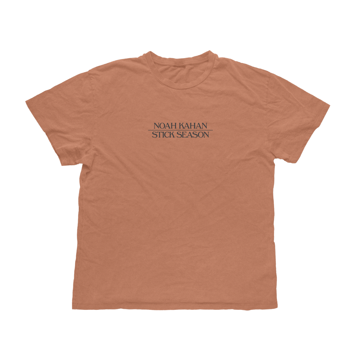 Noah Kahan Stick Season short sleeve t-shirt on Comfort Colors Yam. Pigment dyed burnt orange tee with dark grey stick season screen printed artwork.