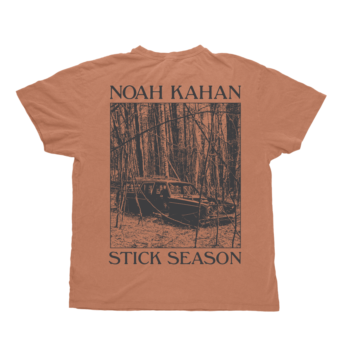 Noah Kahan Stick Season short sleeve t-shirt on Comfort Colors Yam. Pigment dyed burnt orange tee with dark grey stick season screen printed artwork.