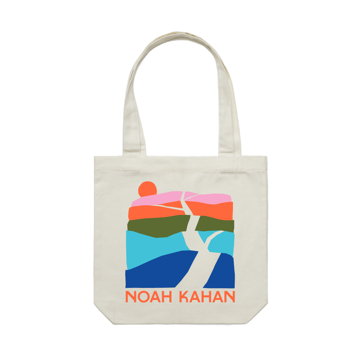 Natural canvas Noah Kahn Trails tote back with five color layered artwork of hills and branching roads and an orange sunset. 