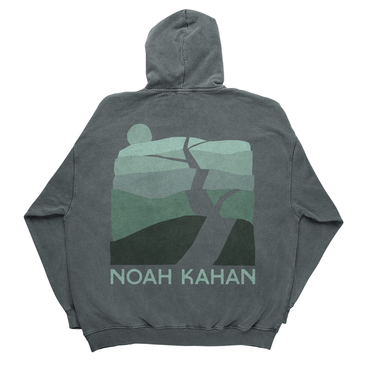 Dark Green Noah Kahan Trails Hoodie with layered hills and trail sunset artwork on back featuring the Noah Kahan name below.. 
